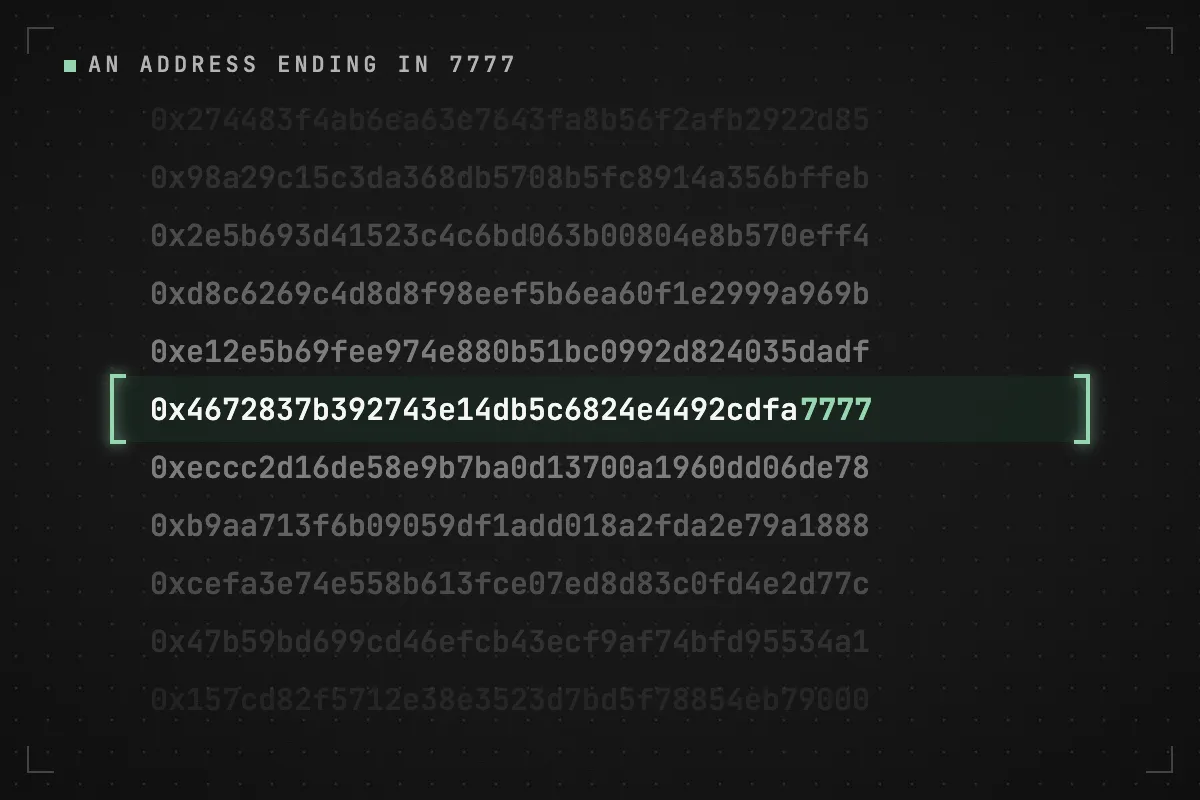 Rows of candidate token addresses scroll past in grey; one row, locked in a green bracket, ends in 7777.